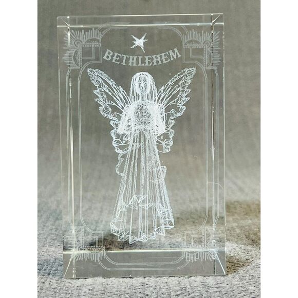 Holographic Angel  Bethlehem Etched Crystal Glass Cubed Paperweight - Picture 1 of 6